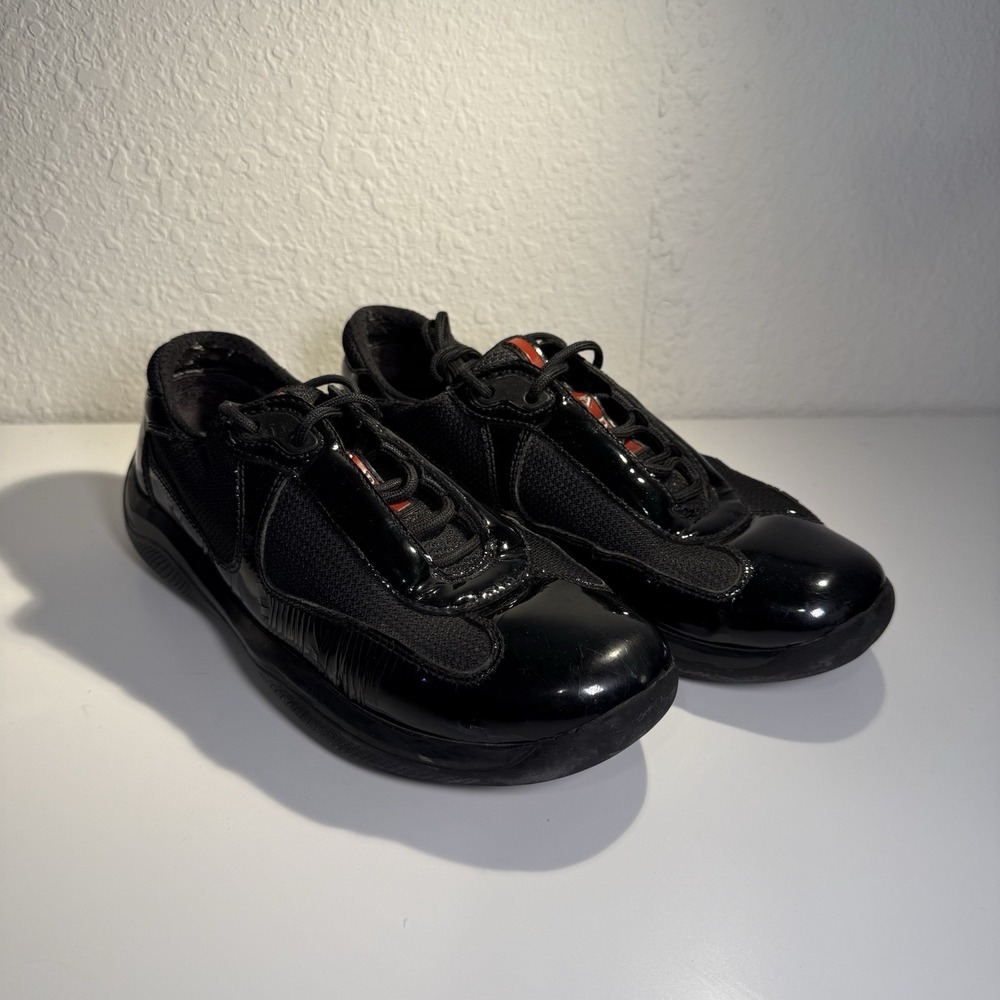 Prada America's Cup Sneakers Black Low Top Patent Leather Men's Size 7US 37.5 EU